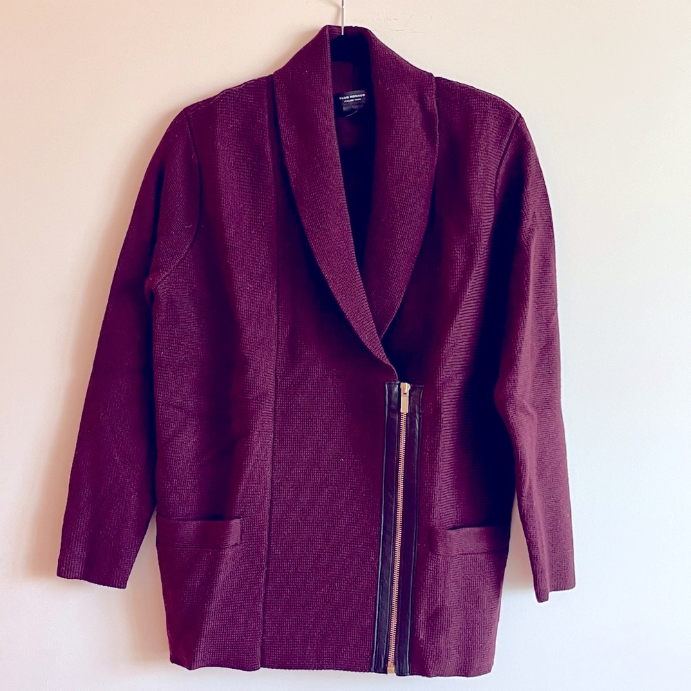 BNWOT CLUB MONACO 100% WOOL BURGUNDY LEATHER ZIP SWEATER